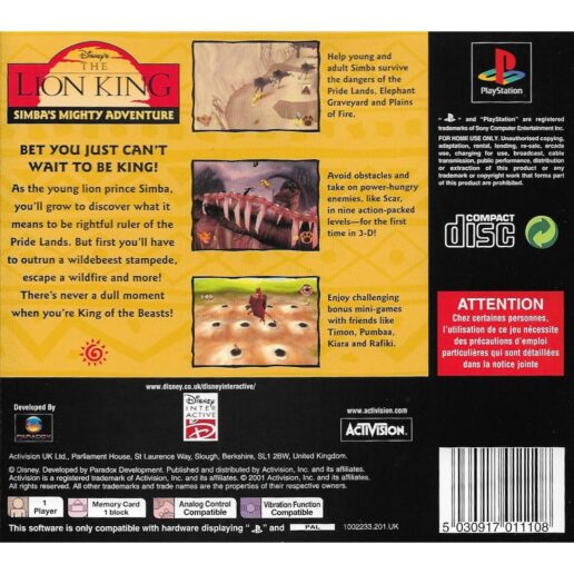 The Lion King Simbas Mighty Adventure Playstation 1 PS1 Swedish (Begagnad)