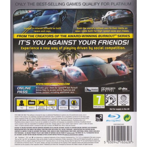 Need for Speed Hot Pursuit Playstation 3 PS3 Platinum (Begagnad)