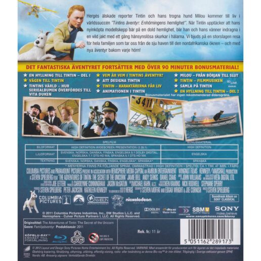 Tintins Äventyr Enhörningens Hemlighet Blu-Ray (Begagnad)