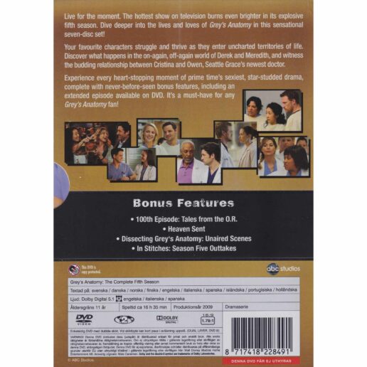 Greys Anatomy Complete Fifth Season DVD (Begagnad)